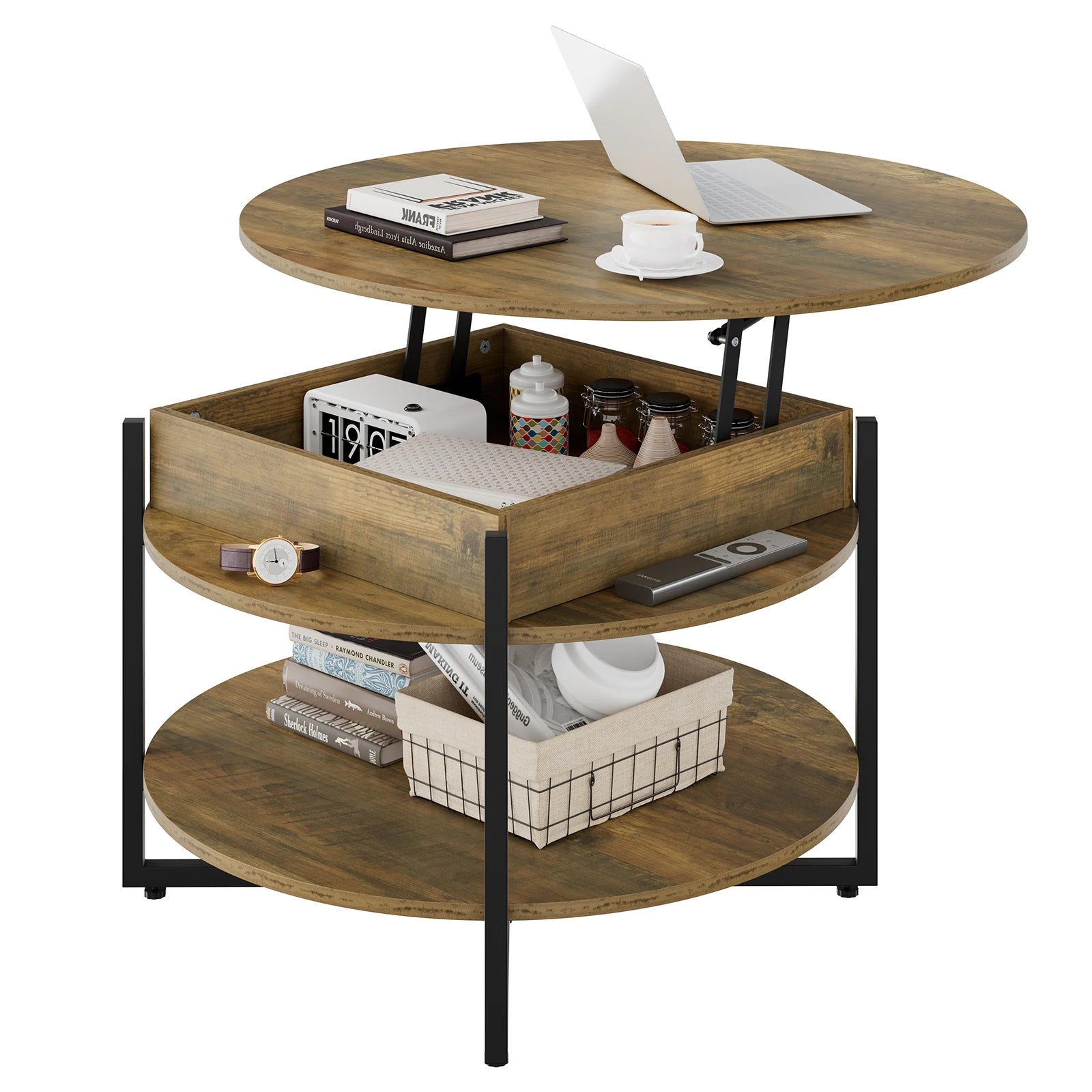 Round Center Table Wood Lift Top Circular Coffee Table with Hidden Storage Compartment and Shelf
