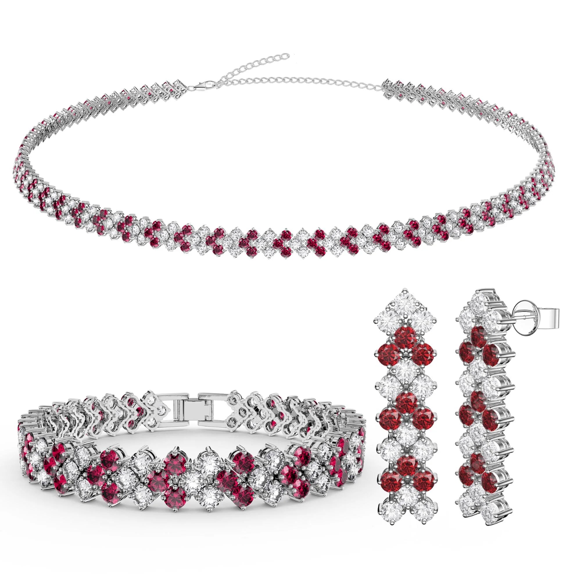 Brazilian Style Bridal Jewelry Set Three Row Ruby and White CZ 18K Gold Plated Jewelry Accessory for Wedding