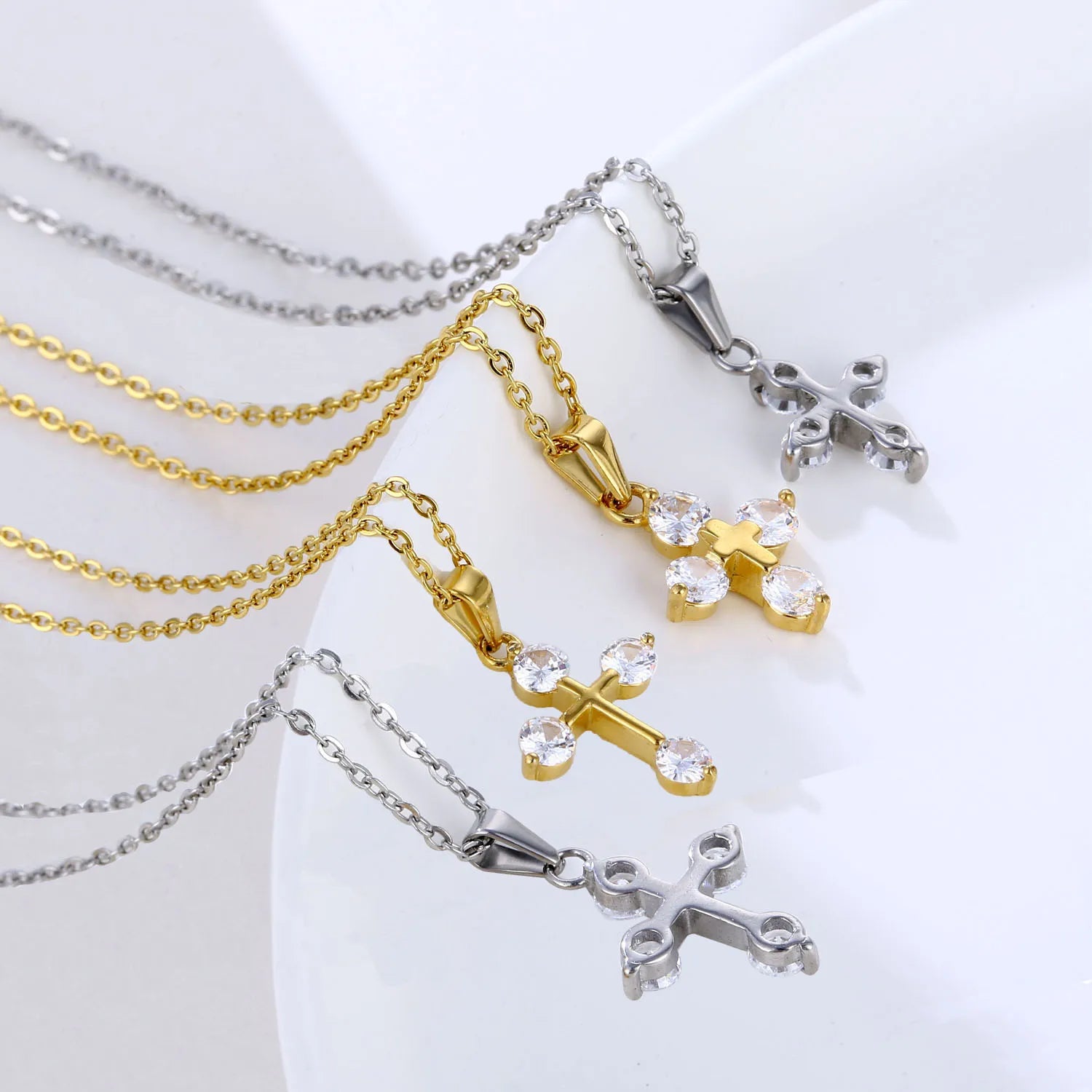 Trendy Women Cross Jewelry Cubic Zircon Crucifix Necklace Stainless Steel Religious Gold Silver Ankh Cross Pendant Necklace