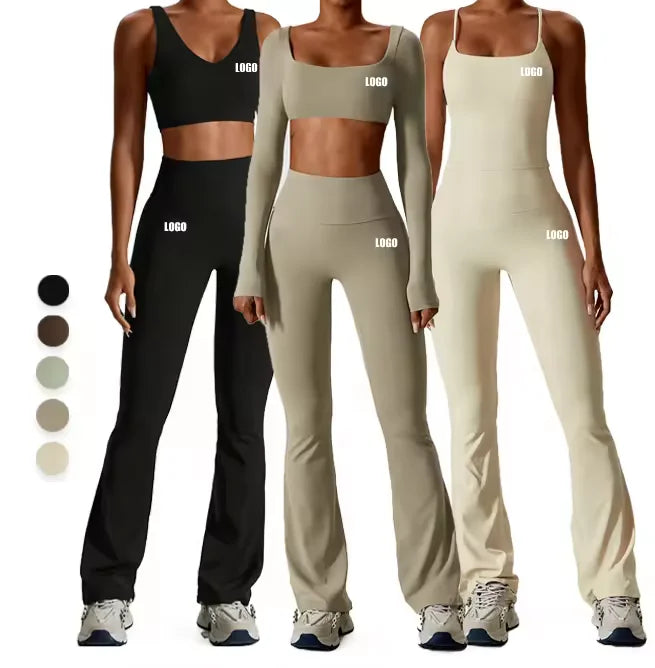 Factory Custom Wholesale Women Sports Gym Wear Workout Set Tights Crop Top 2 Pieces Seamless Long Sleeve Fitness Yoga Bra Set