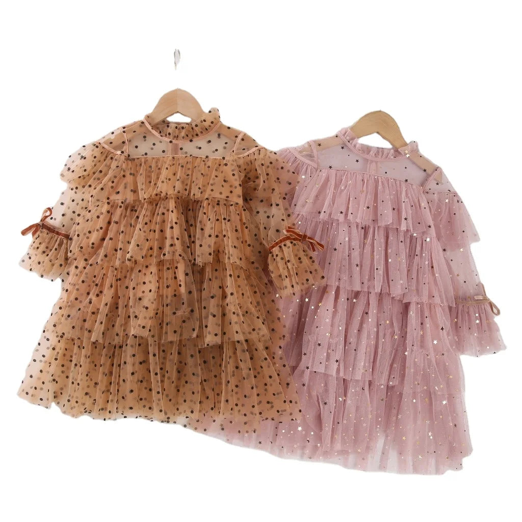 Girls Princess Mesh Layers Cake Dresses for Kids Sequin Elegant Party Tutu Prom Vestidos Children Ruffles Clothes
