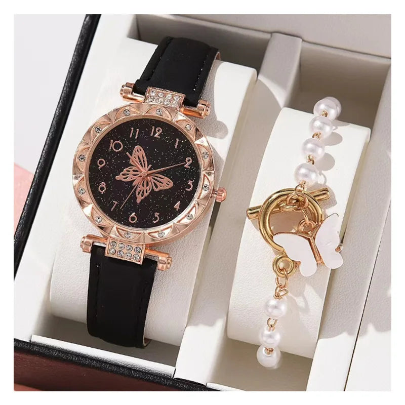 New Arrivals Fashion Women Watches Bracelet Set 2pcs Quartz Watch PU Strap butterfly Watch Bracelet Set for Girls