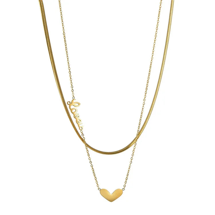 Loveu Letter Stainless Steel Snake Chain Heart Charms Pendant Women's O Link Chain Necklace-Trendy Gift Jewelry