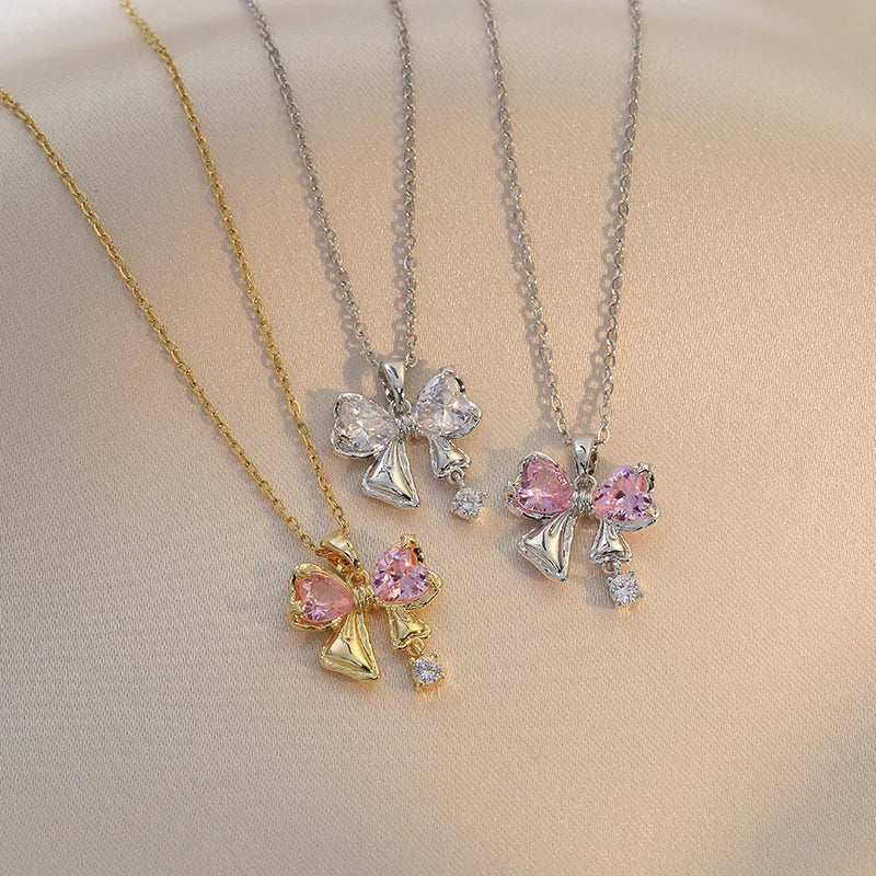 Joyas Fashion Custom Pendent Stainless Steel Chain Zircon Women Diamond Bowknot Necklace Jewelry Accessories
