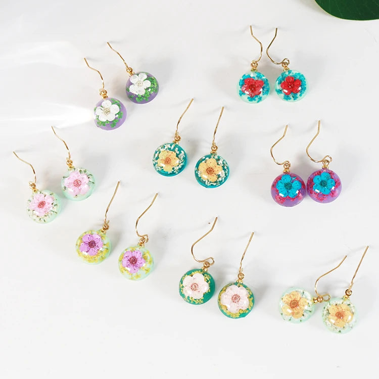 Customized Resin Real Flower Earrings Gold Plated Stainless Steel Dried Flowers Round Drop Earrings