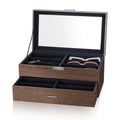 Walnut Color Wood Exterior Dark Blue Velvet Interior 12 Glasses Storage Display Box With Drawer