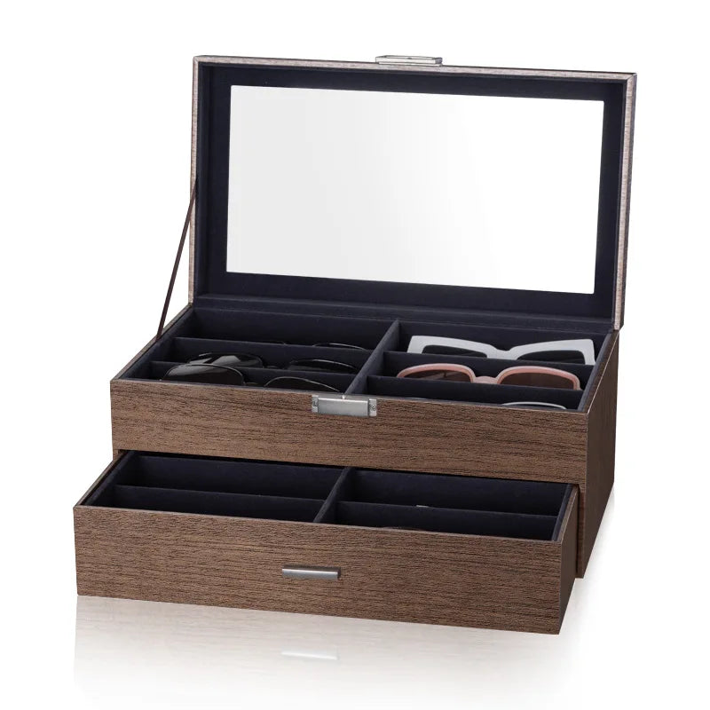 Walnut Color Wood Exterior Dark Blue Velvet Interior 12 Glasses Storage Display Box With Drawer