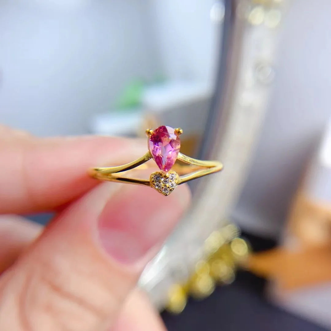 925 Silver Nature Pear Cutting Pink Tourmaline Rings 18k Gold Plating Sterling Silver Pink Gemstone Crown Engagement Ring