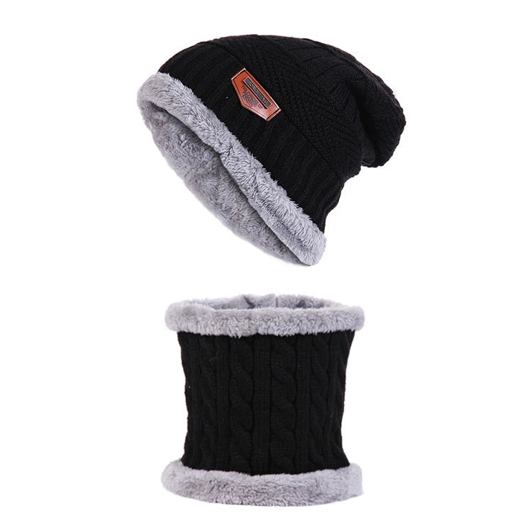 Wholesale Mens and Womens Winter Outdoor Sports Warm Fleece Lined Slouch Knit Ski Beanie Hat and Neck Scarf Set