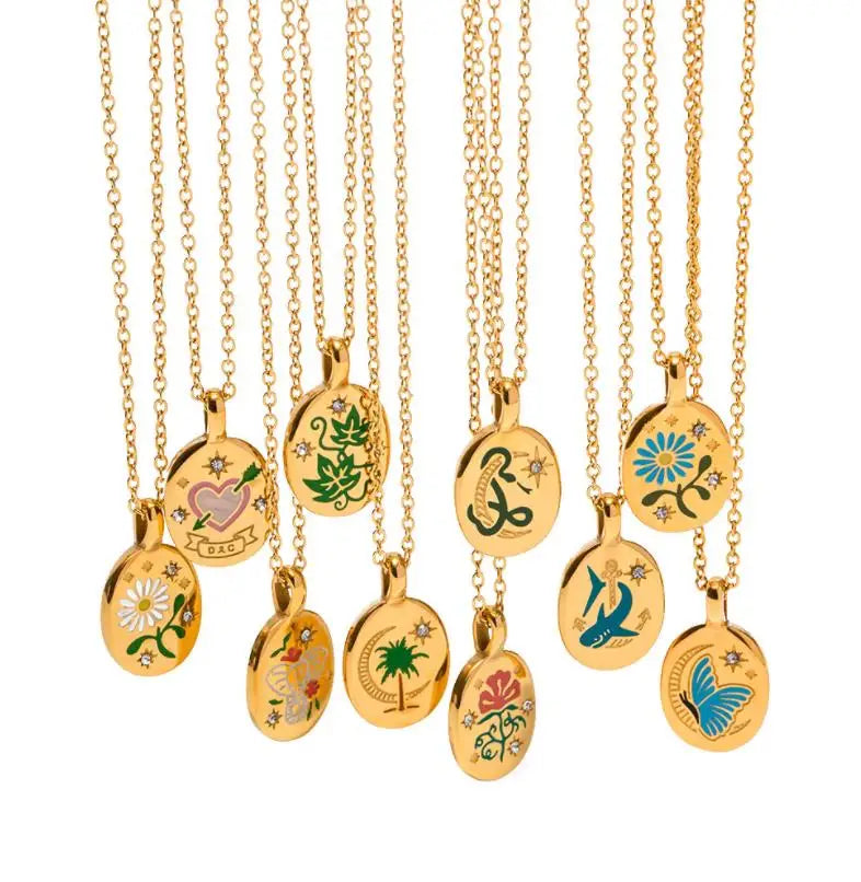 18K Gold Plated Waterproof Enameled Stainless Steel Jewelry Set Flower Tree Animal Pattern Necklace and Earrings Colorproof