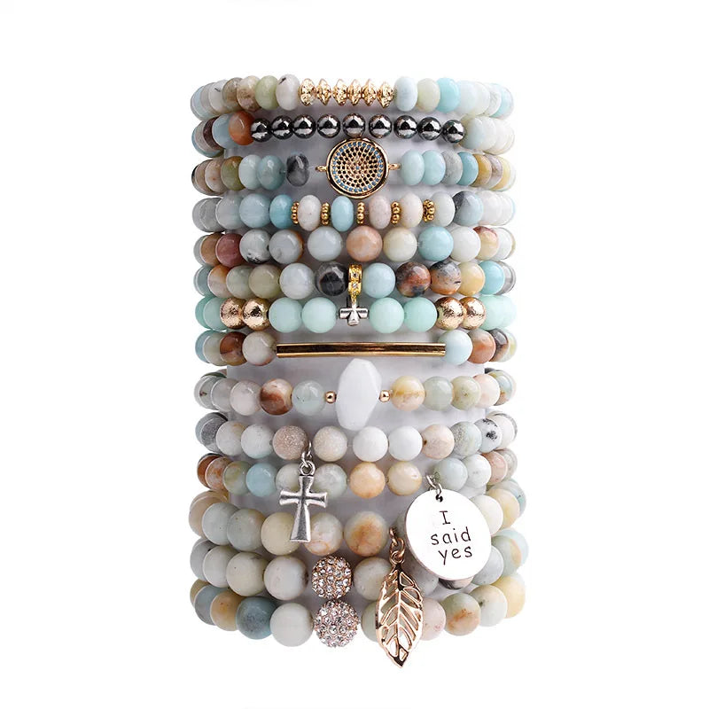 Ethnic Style Multilayer Bead Cross Pendant Bracelet for Women Natural Stone Beaded Stackable for Parties Gifts Christian