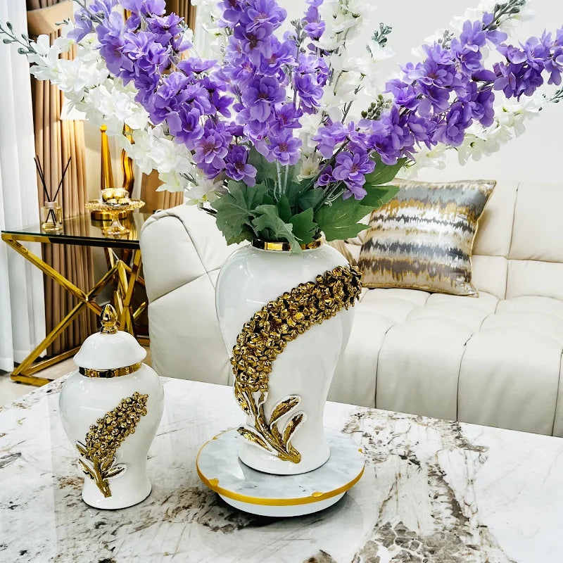 Electroplated Gold Flower Ceramic Vase Home Accessories High Quality Handpainted White Ceramic Ginger Jar for Office Table Decor