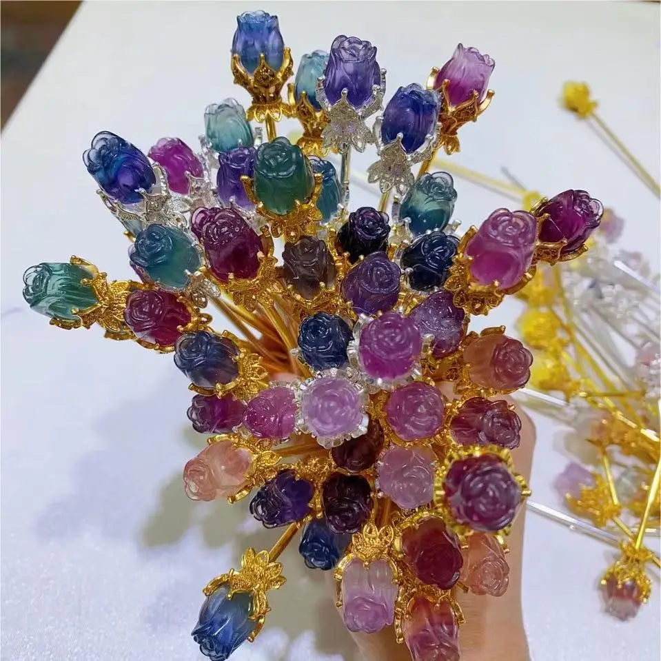 Wholesale Natural Crystal Rose Flower Hairpin Spiritual Healing Stone Rainbow Fluorite Flower Hairpin for Women