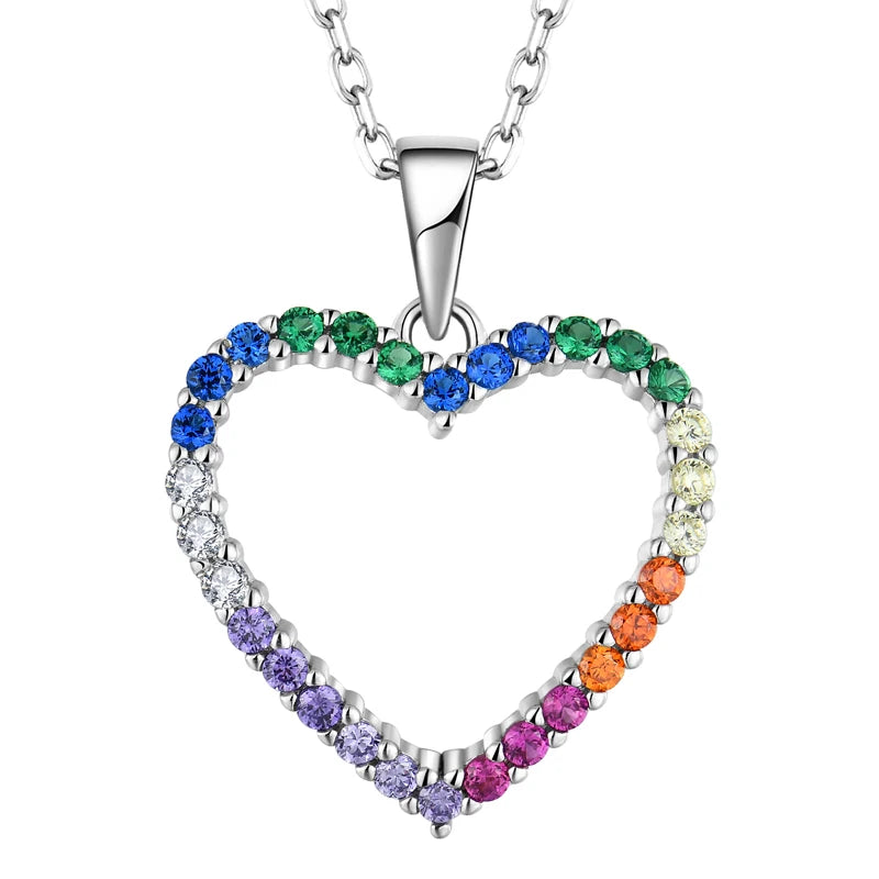 925 Sterling Silver Rainbow Heart Pendant Necklace Rhodium Plated Multi-colored Cubic Zirconia Stones Heart Pendant for Women