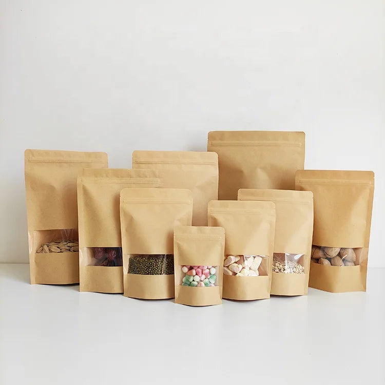 16x22cm Reclosable Zipper Kraft Brown Paper Bags Plain Paper Bag Brown Kraft Paper Pouch with Window