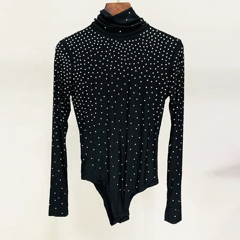 OUDINA Fashion Hot Diamond Elastic Pleated Bodysuit Women Skirt Leggings Long Sleeve Bottoming Shirt Women's Bodysuits