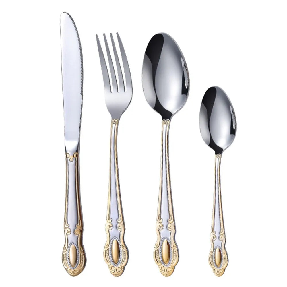 Luxury Royal Style Gold Silver Cutlery Set Vintage Embossed Handle Stainless Steel Flatware Set 4pcs Silverware for Wedding