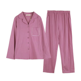 Button-Up 100% Cotton Long Sleeve Pajamas Set for Women Luxury Pink Summer/Spring/Autumn Elegant Simple Style Home Wear