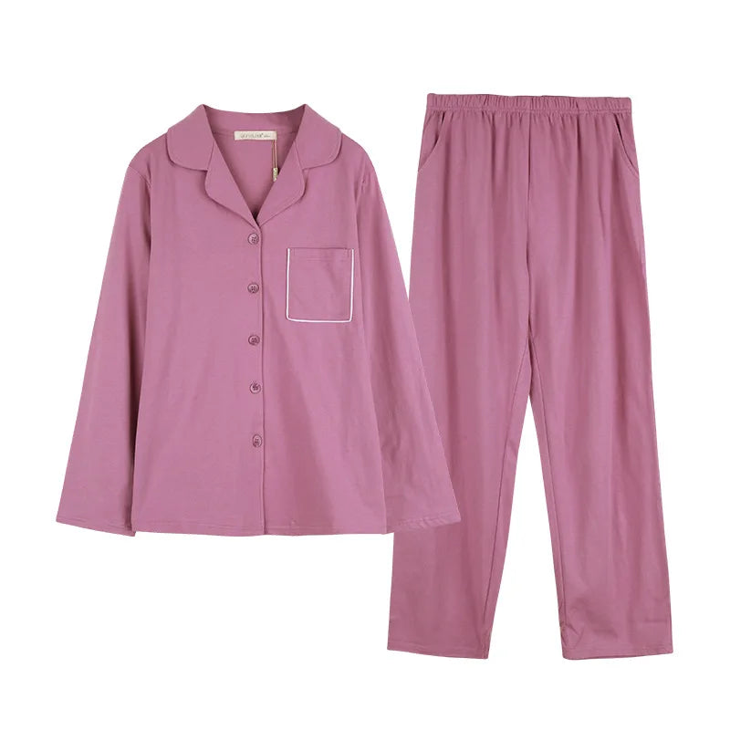 Button-Up 100% Cotton Long Sleeve Pajamas Set for Women Luxury Pink Summer/Spring/Autumn Elegant Simple Style Home Wear
