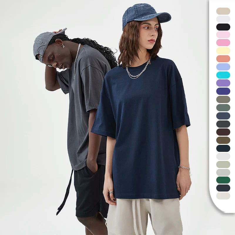 Unisex Oversize 275gsm 100% Cotton Knitted Short Sleeve T-Shirts-Eco-Friendly Custom Logo Graphics 31 Colors Loose Fit