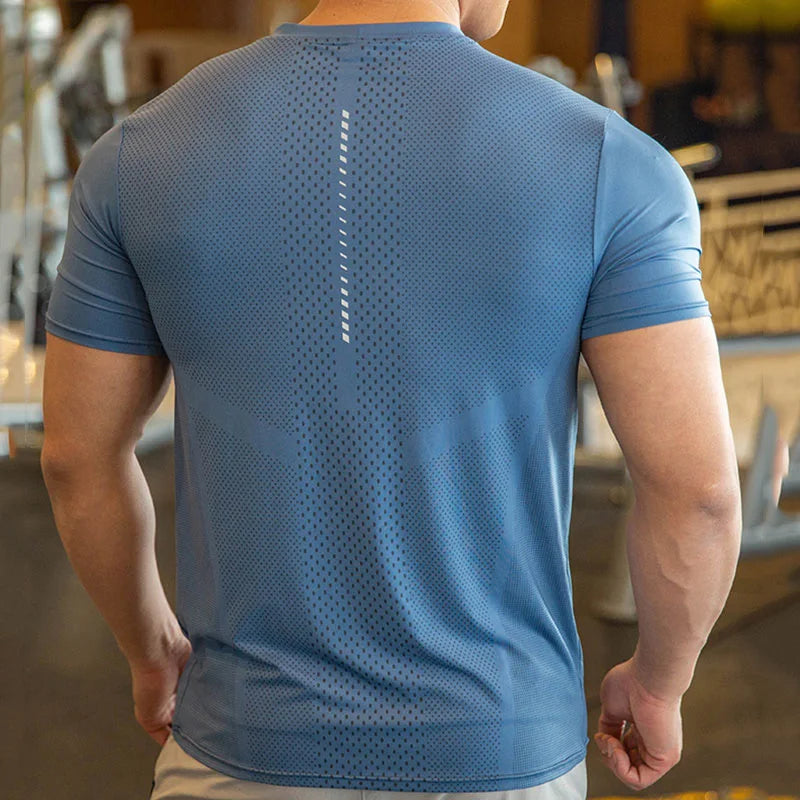 Men Running Reflective Stripe T-shirt Short Sleeve Sport Tees Gym Fitness Male Jogging Homme Athletic Shirt Tops