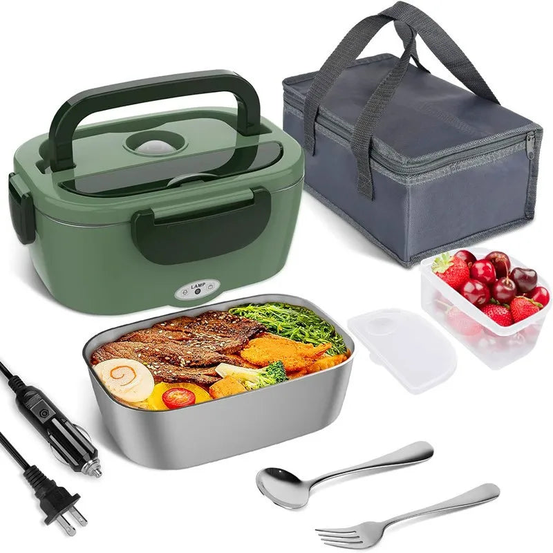 Electric Heated Stainless Steel Lunch Box Small Kitchen Appliance Slow Cooker Timer Functions Battery Powered for Car Outdoor