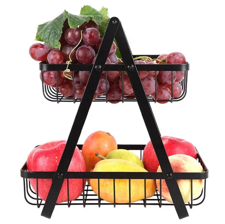 2 Tier Wire Food Organizer Storage Decor Bread Basket Fruit Vegetable Basket with Wood Handle