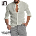 Liu Ming New Fashion Men Casual Standing Collar Linen Cotton Cardigan Long Sleeve Loose Fitting Shirt
