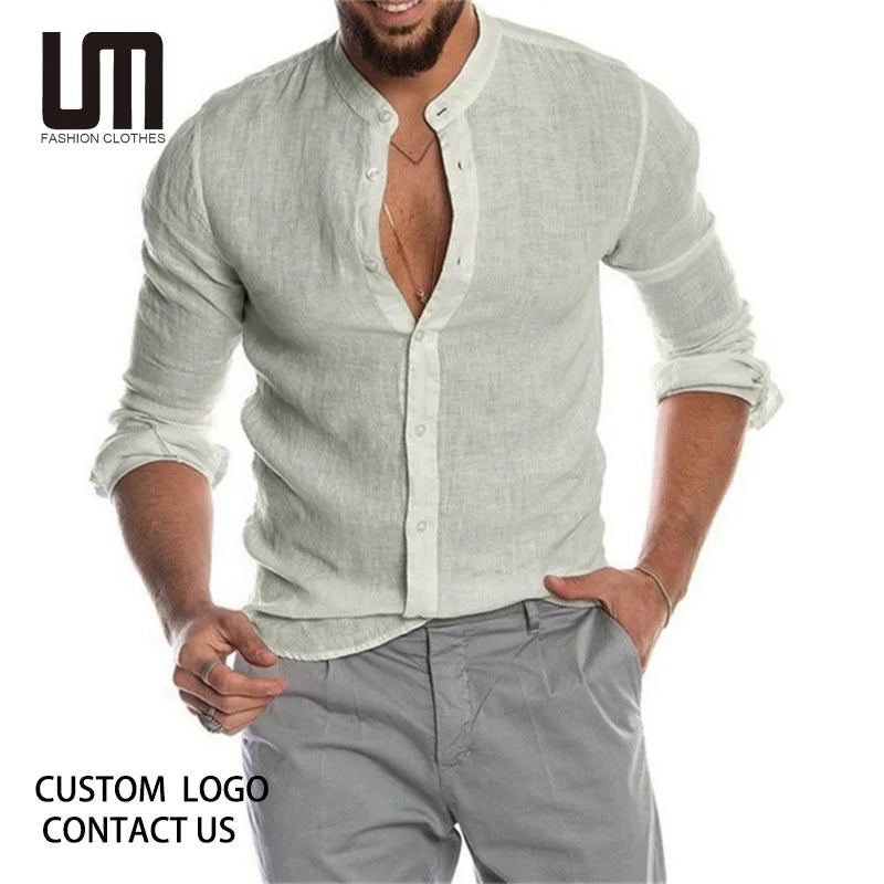 Liu Ming New Fashion Men Casual Standing Collar Linen Cotton Cardigan Long Sleeve Loose Fitting Shirt