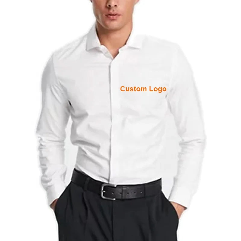 Men's Custom Breathable Poplin Dress Shirt Solid White Long Sleeve Wrinkle-Free Formal 40% Cotton Button Workwear Style for