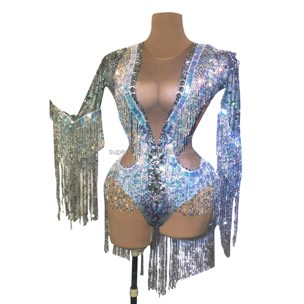 Womens Latin Club Dancer Singer Leotard Rhinestone Sequin Tassel Party Bodysuit Stage Costume Silver Stretch Fringes Jumpsuit