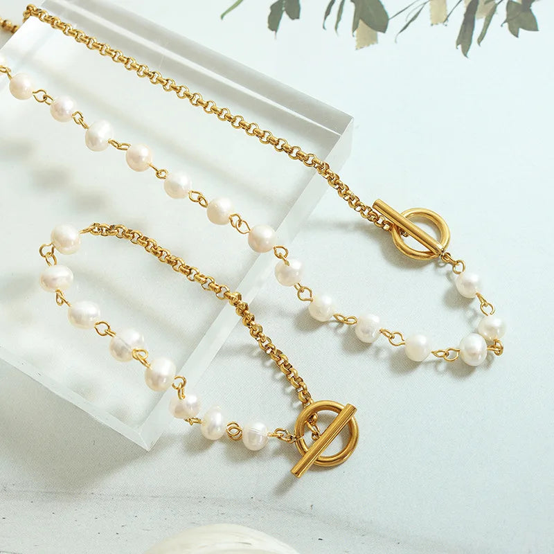 Stainless Steel 18k Real Gold Plated Freshwater Pearl Ot Buckle Necklaces Titanium Steel Jewelry Necklace for Women Bijoux Femme