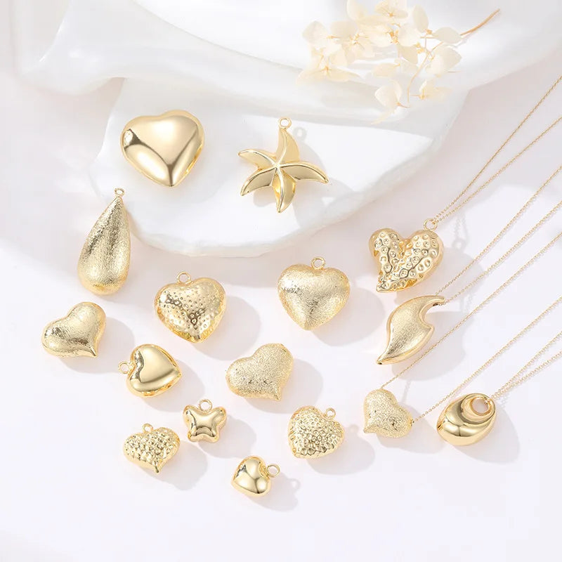 14K Gold Plated Frosted Hollow 3D Heart Shape Necklace Earrings Charm Pendant