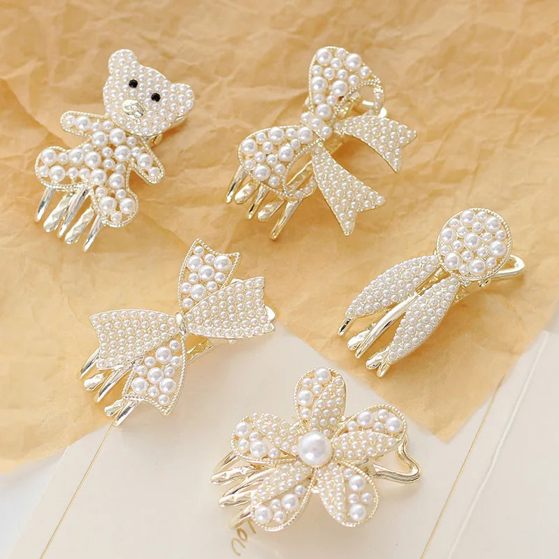 MIO Korean Fashion Hair Clips Women Accessories Flower Bear Hair Clips Rhinestone Bear Kids Handmade Pearl Hairpin