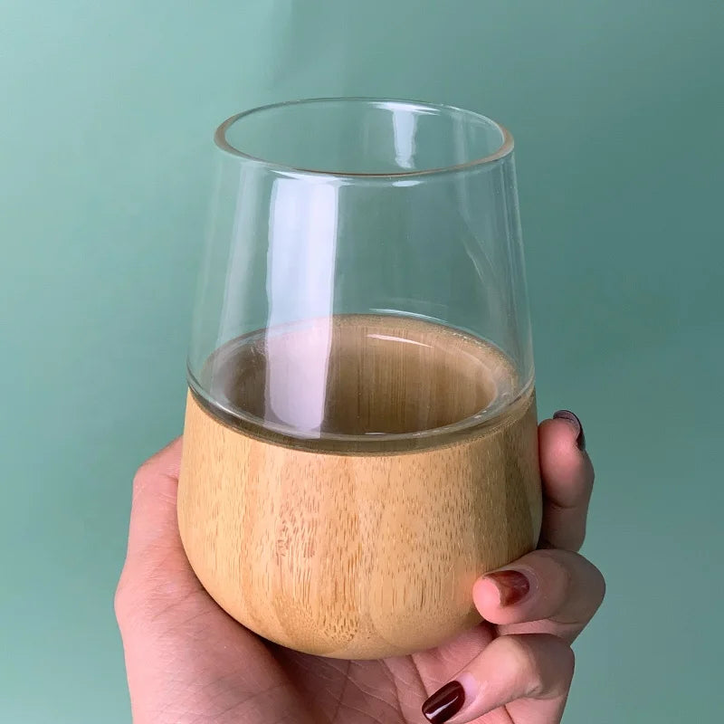 BG619 250ML Wholesale 100% Nature Bamboo Coffee Cups Reusable Glass Tea Mug with Bamboo Bottom
