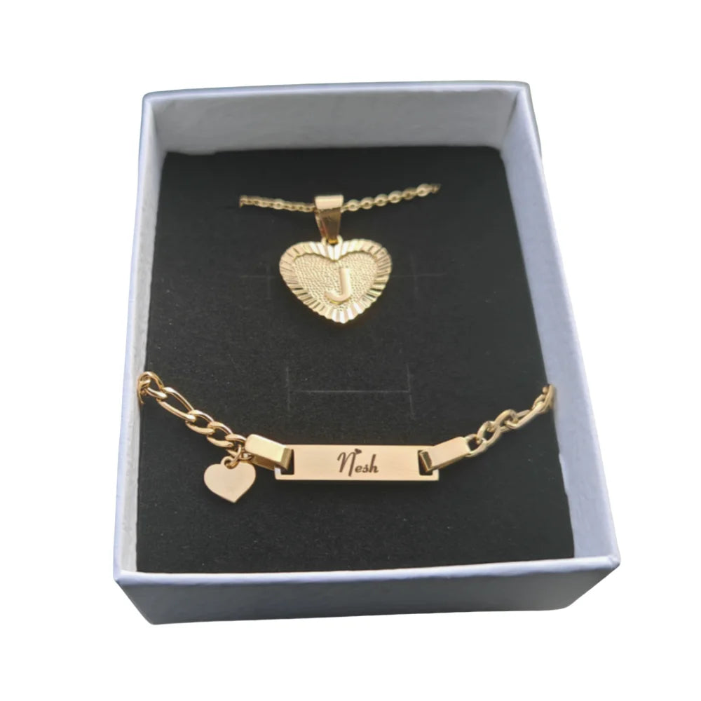 Qiuhan Personalized Initial a to Z Heart Pendant Necklace Custom Name Engraved Laser Bracelet Jewelry Set