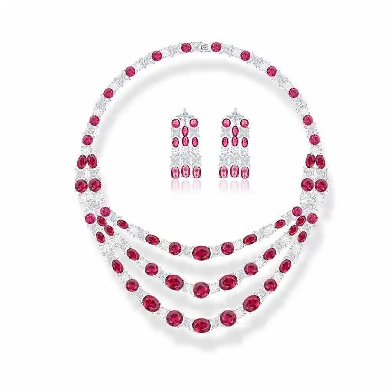 Luxury Rhodium Plated Red Ruby Zirconia Diamond Tennis Chocker Necklace Earring Wedding Collection Jewelry Sets