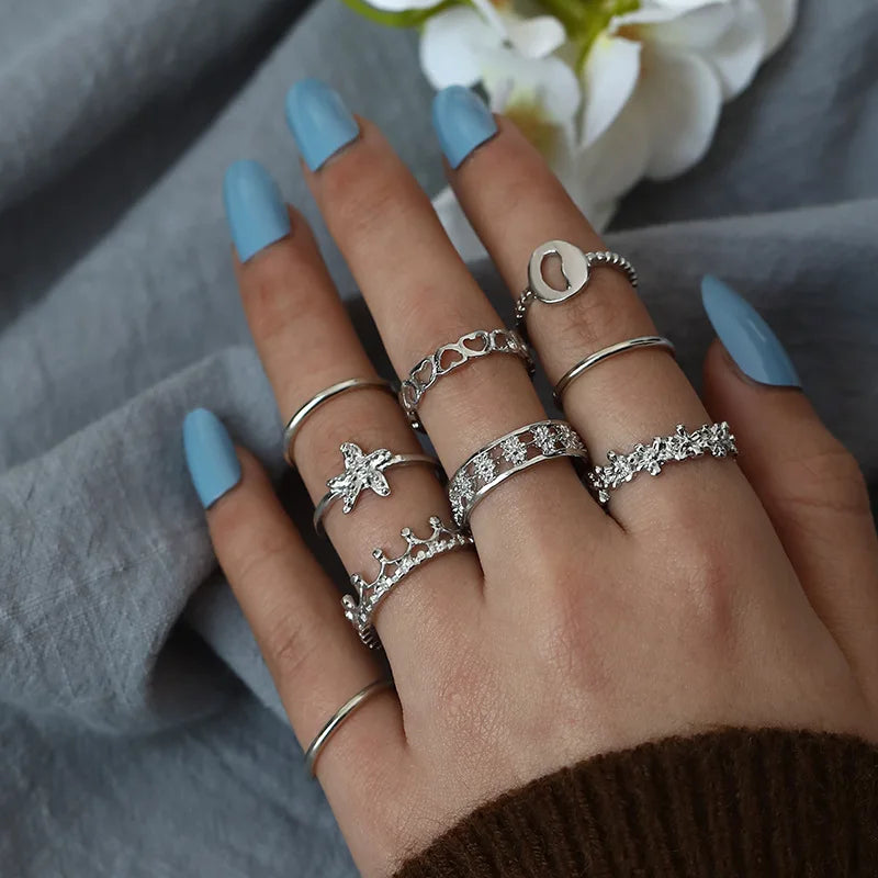 9pcs/set Vintage Silver Plated Snake Heart Ring Gothic Punk Steampunk Flowers Wave Ring Sets for Womens Party Jewelry