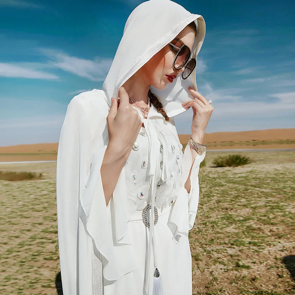 Special Design White Cape With Tassels and Hat Middle Eastern Women's Clothing Style Abaya Women Muslim Dress