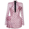 LS2596 Woman Deep V Neck Party Dress Elegant Polka Dot Dress Ruched Casual Dress With 3D Flower Decorations