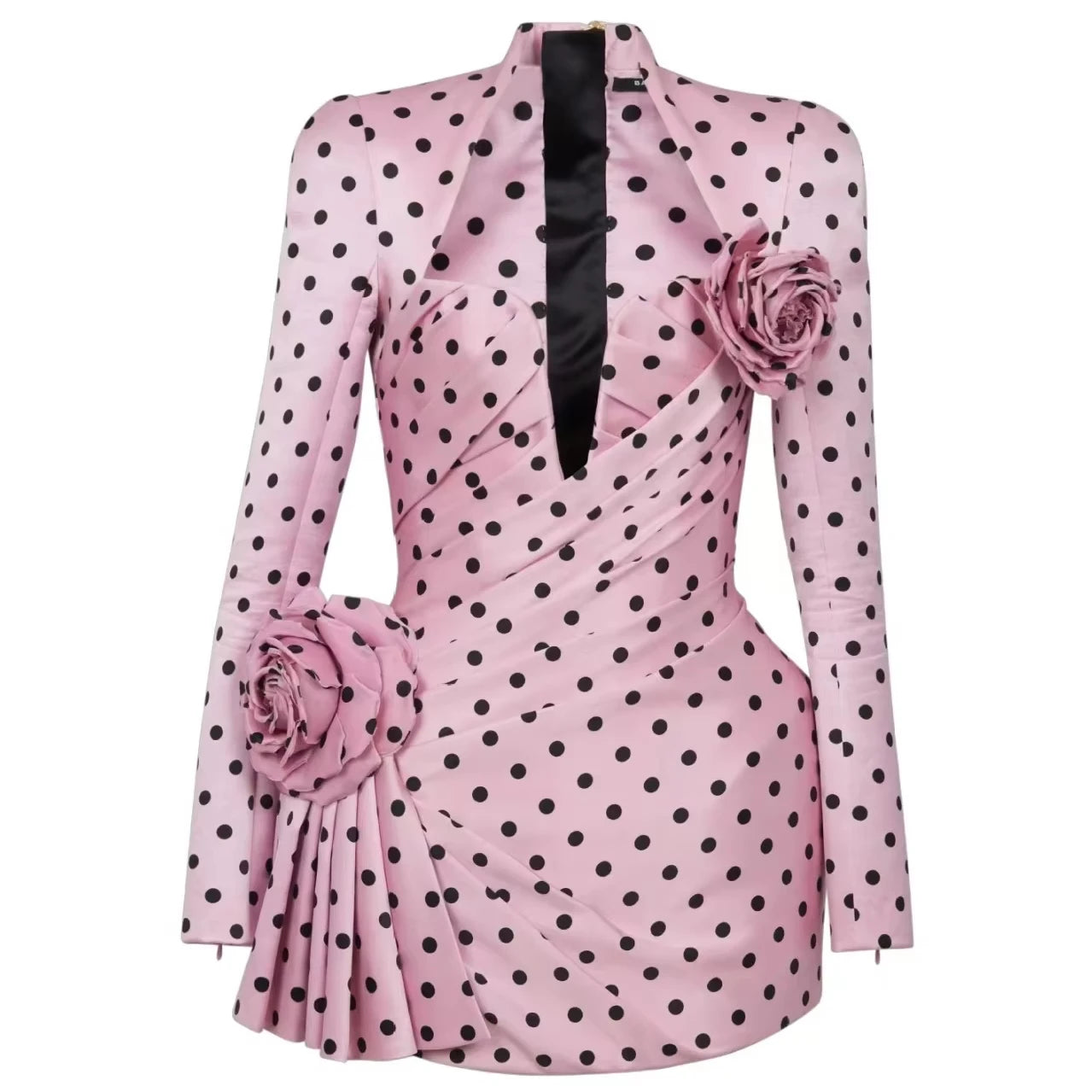 LS2596 Woman Deep V Neck Party Dress Elegant Polka Dot Dress Ruched Casual Dress With 3D Flower Decorations