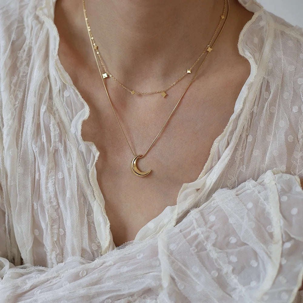 Waterproof Stainless Steel Jewelry Fashion Twinkling Sparkling Brilliant Two Layered Delicate Dainty Moon Star Necklace Women