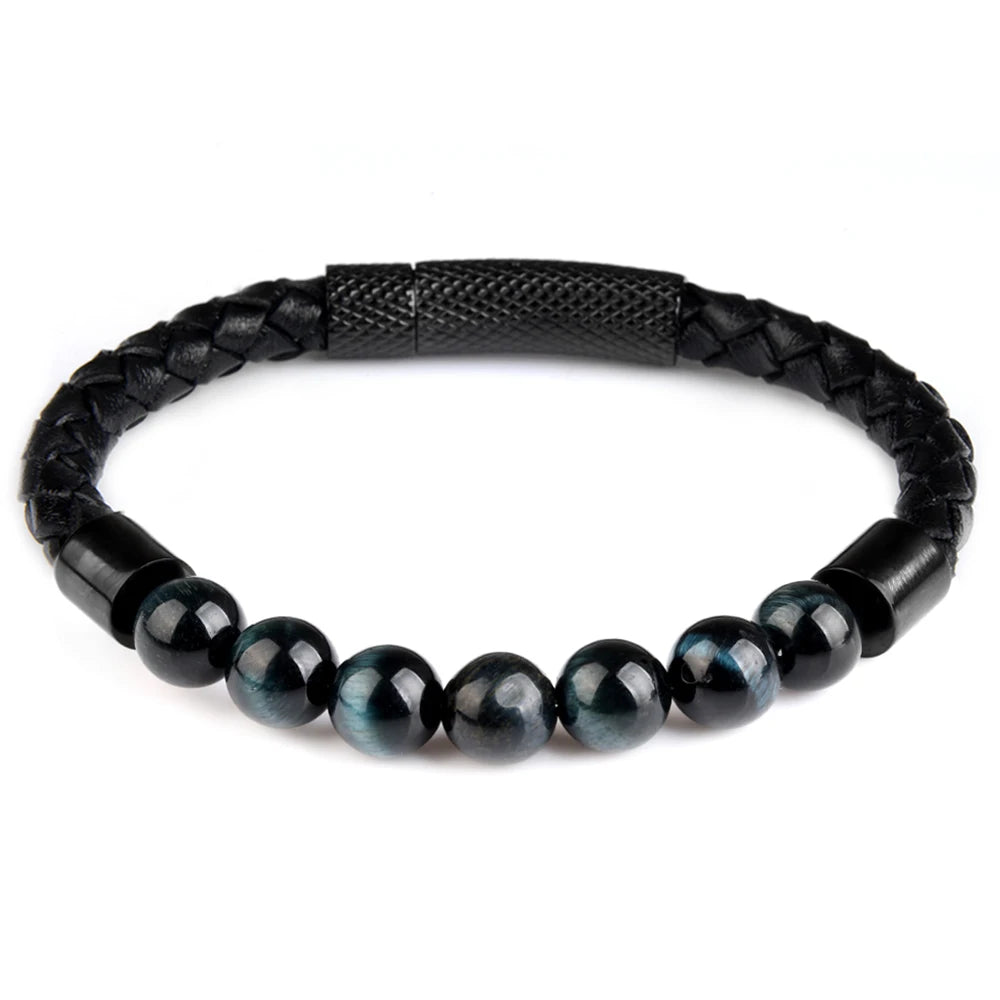 Various Natural Beads Genuine Leather Stainless Steel Clasp Charm Men Women Bracelet