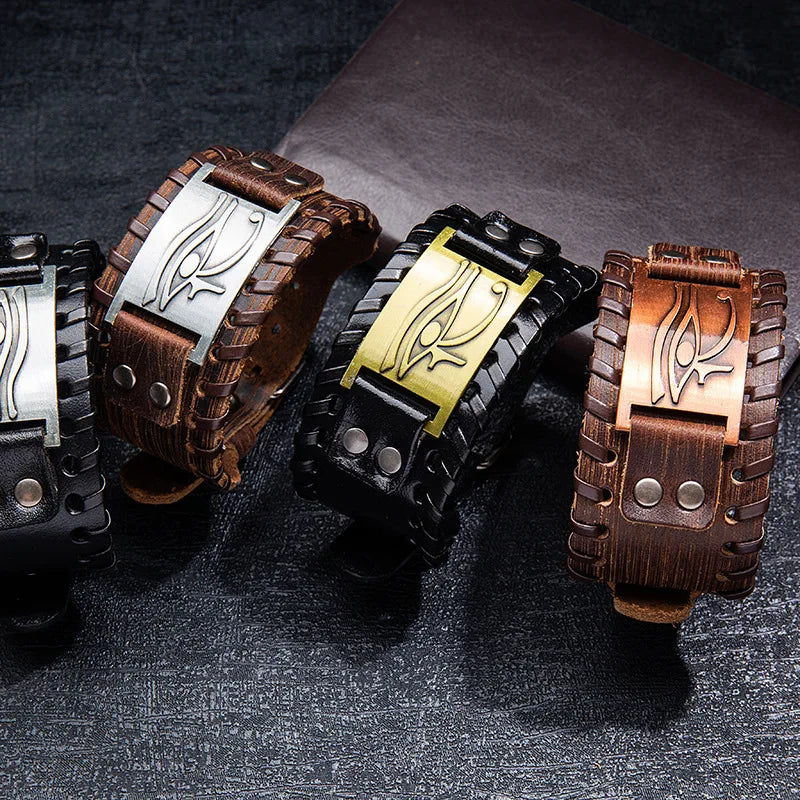 Punk Jewelry Eye of Horus Ancient Egyptian Adjustable Wide Leather Bracelet for Men