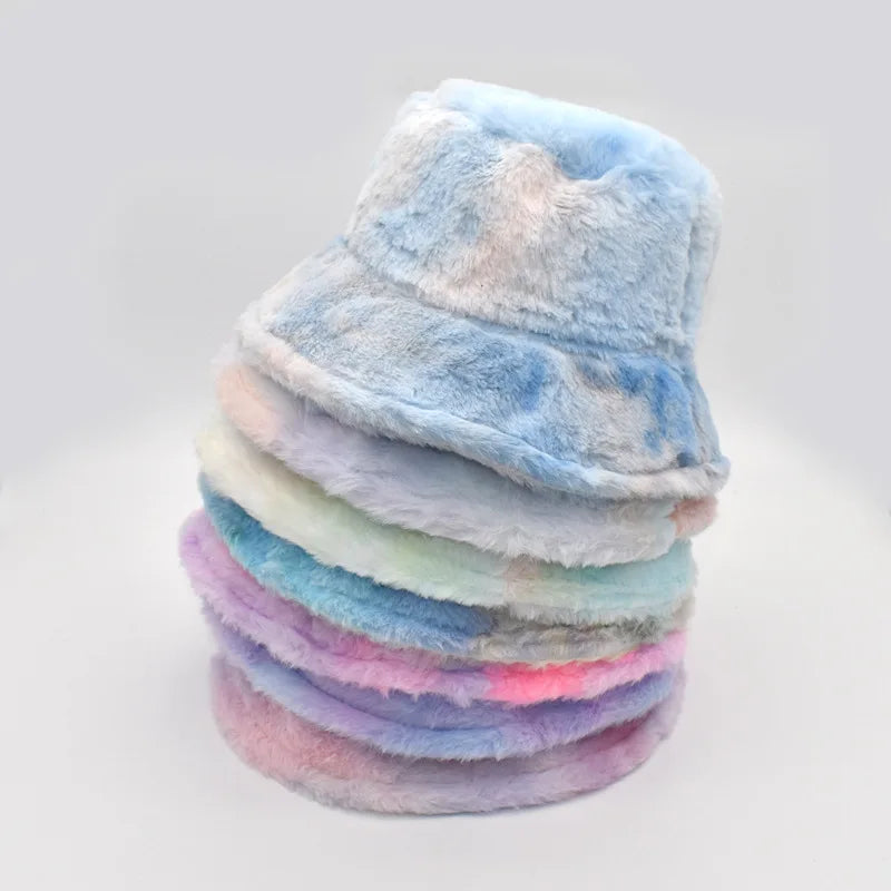 Tie-Dye Print Panama Fisherman Hat Custom Printed Winter Fuzzy Fluffy Bucket Caps Pink Faux Fur Bucket Hat