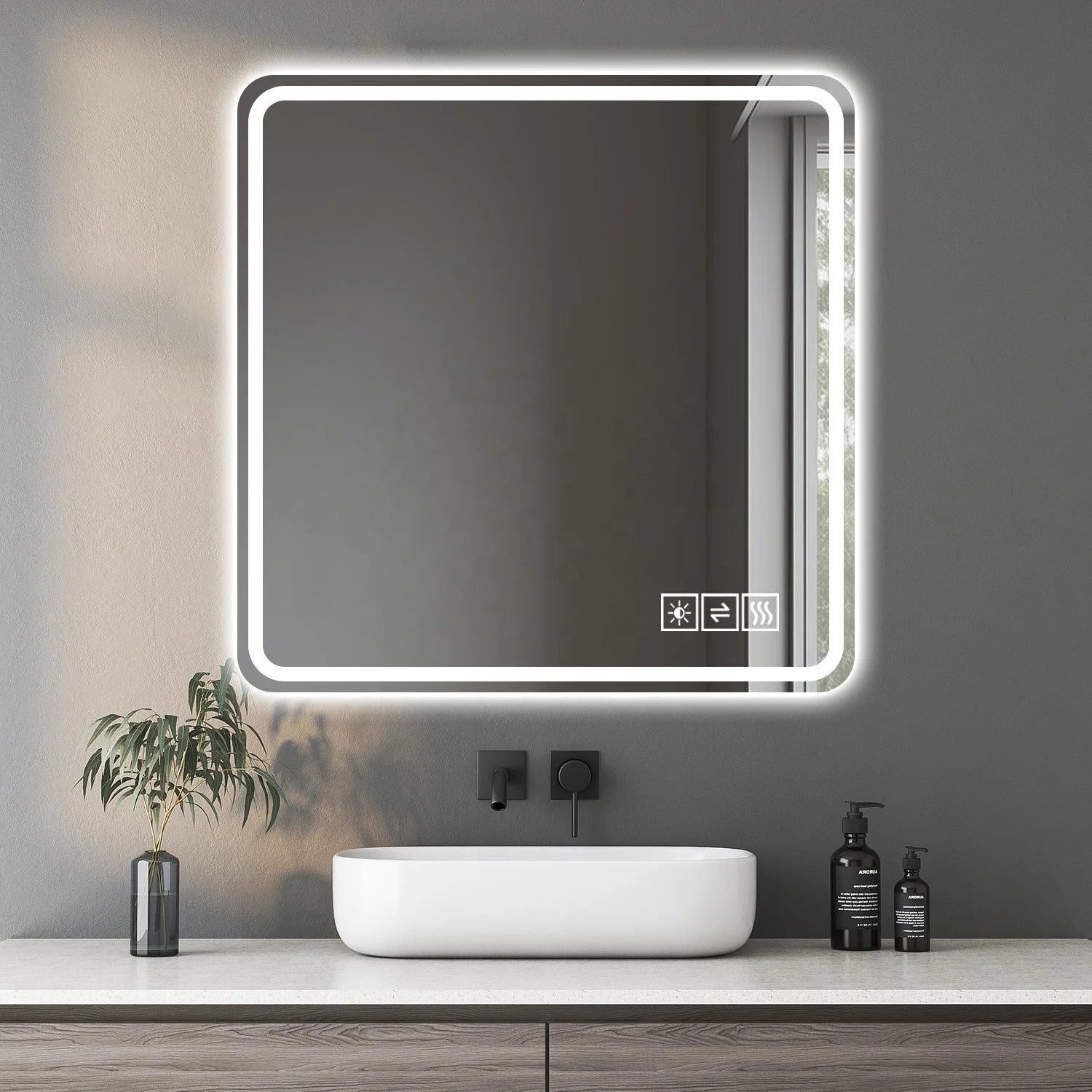 36*36inch LED Anti-Explosion Bathroom Mirror Anti-Fog Rust-Resistant Features Tri-Color Changing for Bathroom Decors Must-Have