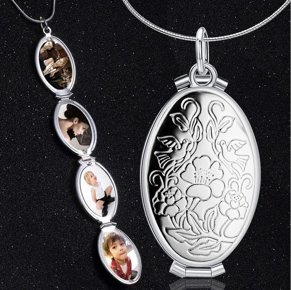 2025 Fashion Vintage Open Multi-layer Pendant Album Box Silver Floral Patterns Oval Locket Pendant Necklace