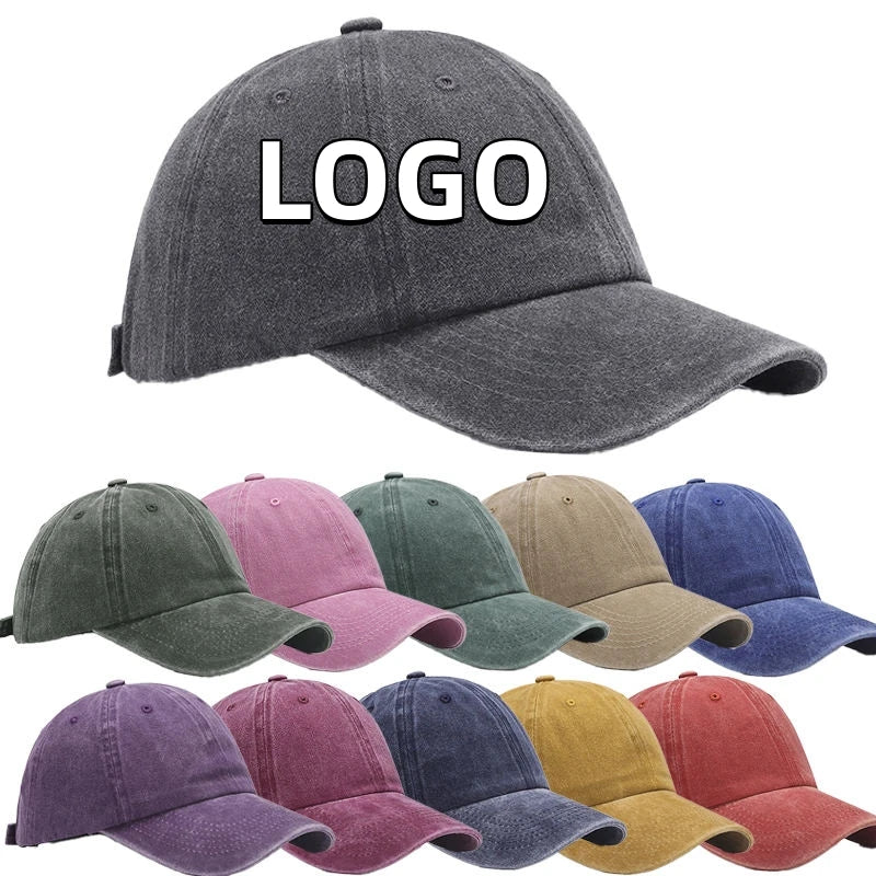 Custom Logo Unisex 6 Panel Curved Brim Adjustable Blank Plain Vintage Washed Cotton Baseball Cap Dad Hat