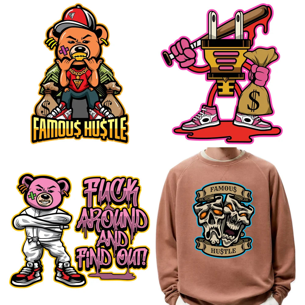 Hot Sale Custom DTF Money Teddy Bears Designs Iron on Sticker Transfer Famous Hustle Bear Heat Transfers for Clothing