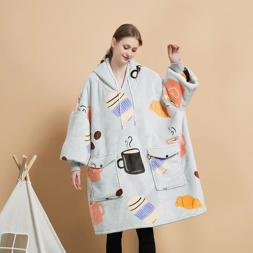 Dropshipping Hot Sale Coffee Printing Hoodie Blanket Adult Kids Toddler Wearable Blanket with Big Pockets